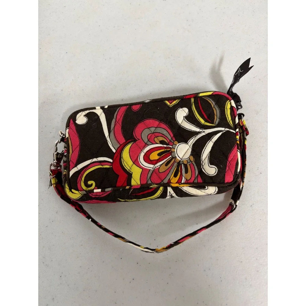 Vera Bradley Folkloric Quilted Cotton Wristlet Clutch Brown Red Floral Bag
